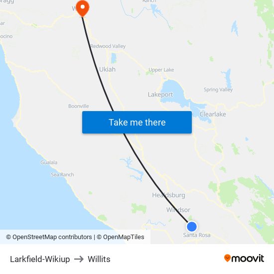 Larkfield-Wikiup to Willits map