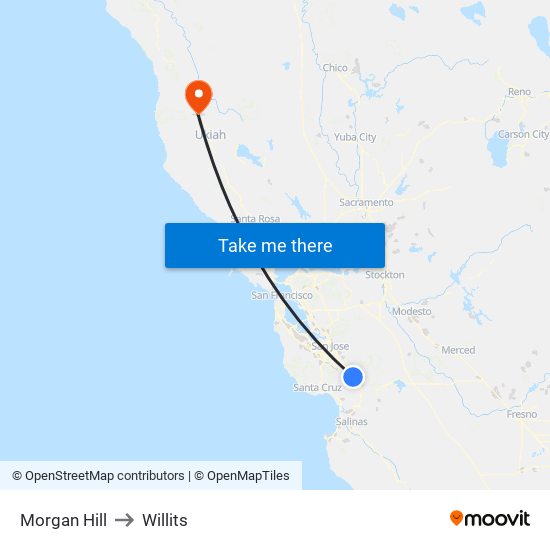 Morgan Hill to Willits map