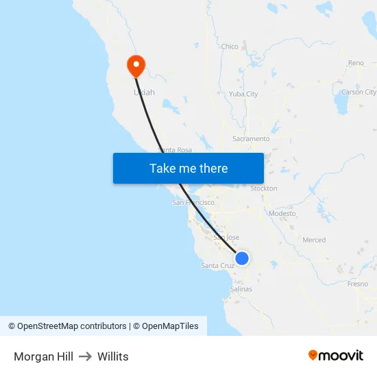 Morgan Hill to Willits map