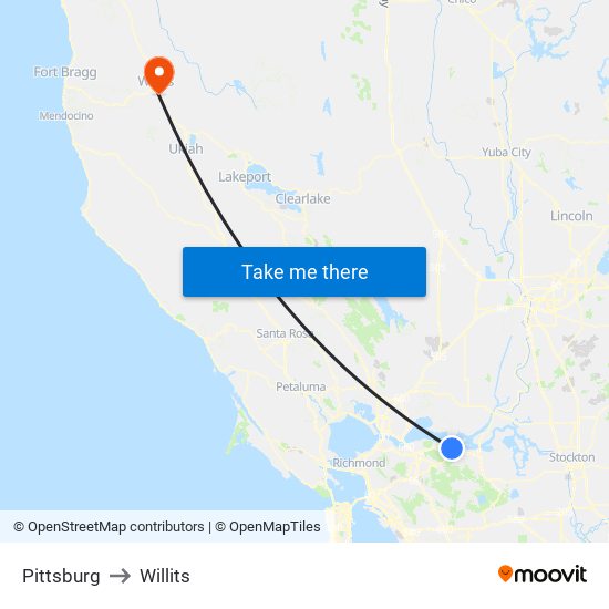 Pittsburg to Willits map