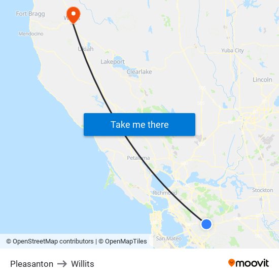 Pleasanton to Willits map