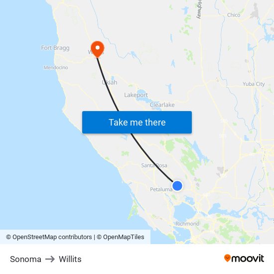 Sonoma to Willits map