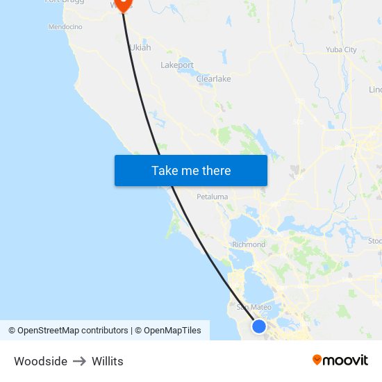 Woodside to Willits map