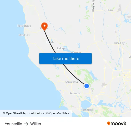 Yountville to Willits map
