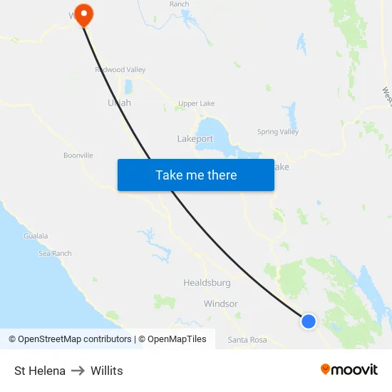 St Helena to Willits map