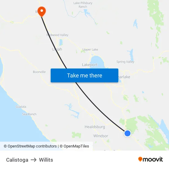 Calistoga to Willits map