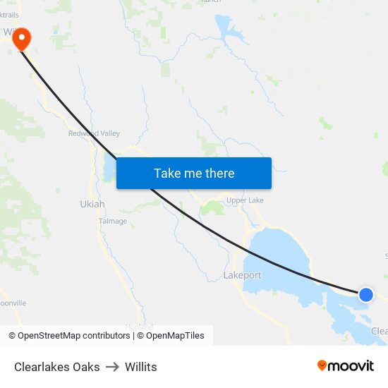 Clearlakes Oaks to Willits map