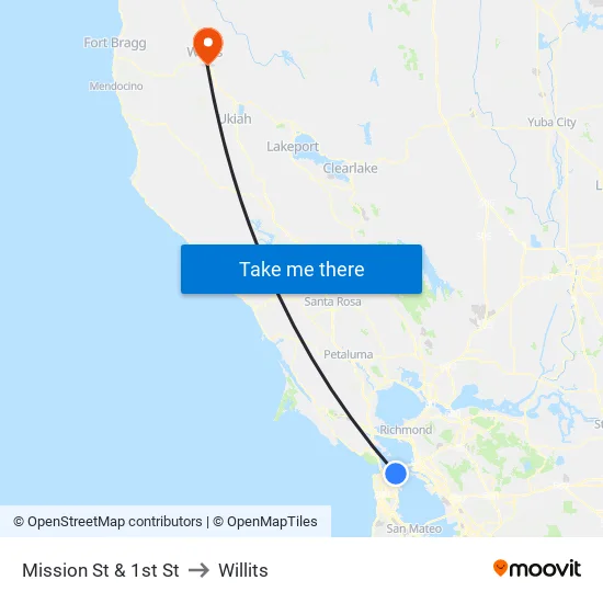 Mission St & 1st St to Willits map