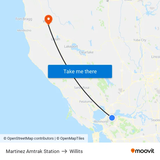 Martinez Amtrak Station to Willits map
