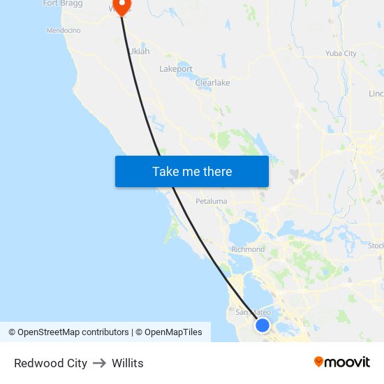 Redwood City to Willits map