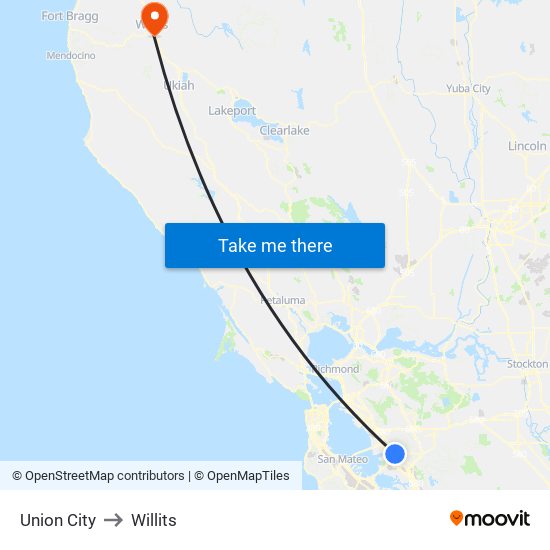 Union City to Willits map