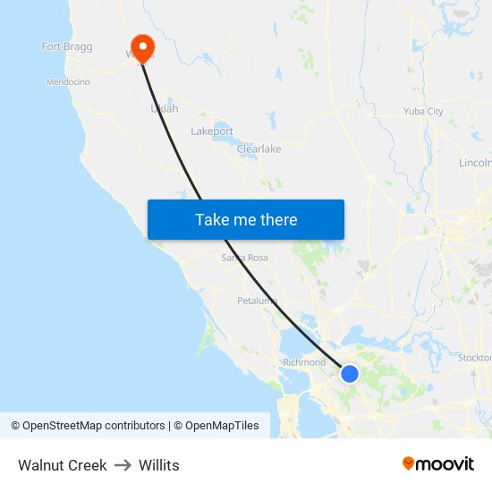 Walnut Creek to Willits map