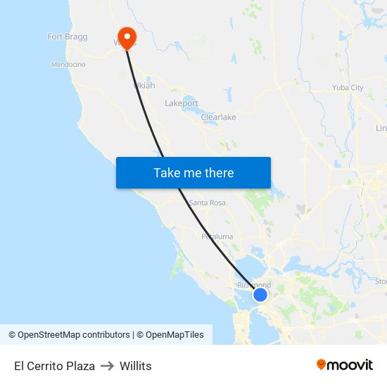 El Cerrito Plaza to Willits map