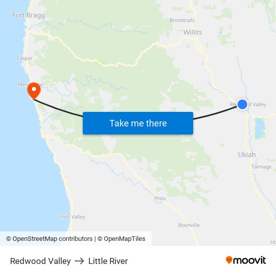 Redwood Valley to Little River map