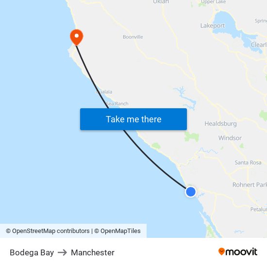Bodega Bay to Manchester map