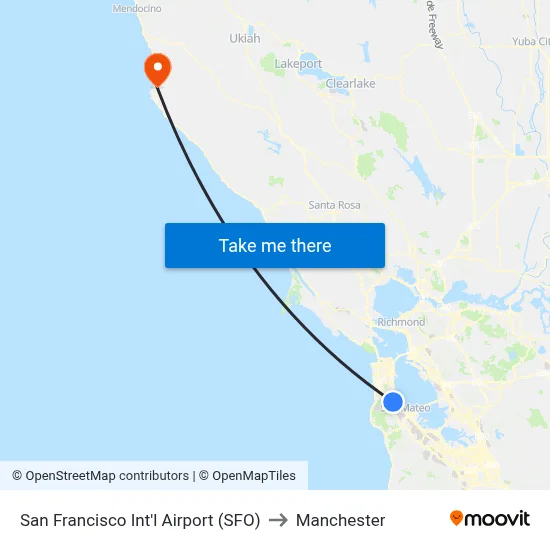 San Francisco Int'l Airport (SFO) to Manchester map