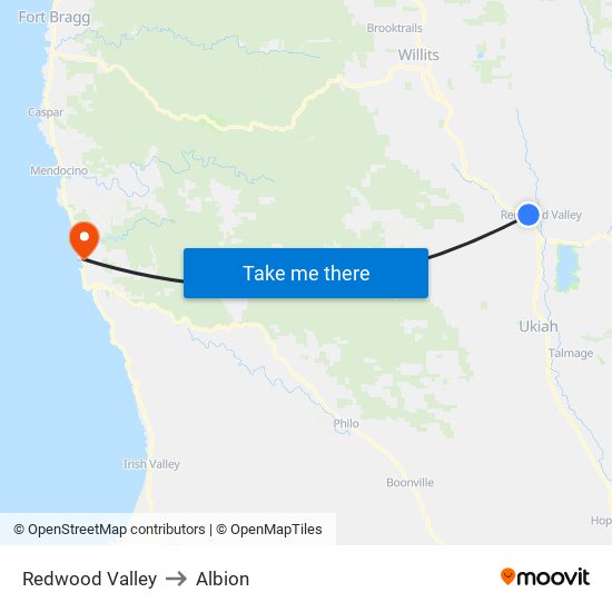 Redwood Valley to Albion map