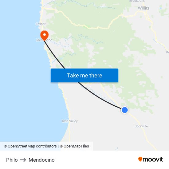 Philo to Mendocino map