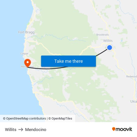 Willits to Mendocino map