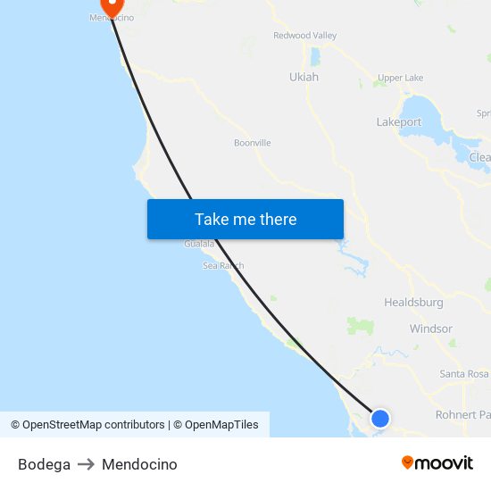 Bodega to Mendocino map