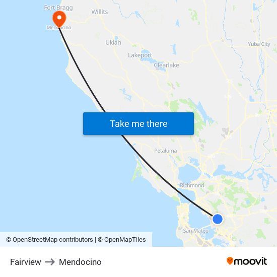 Fairview to Mendocino map