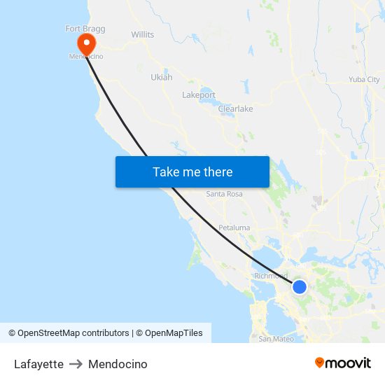 Lafayette to Mendocino map