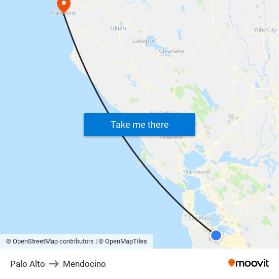 Palo Alto to Mendocino map