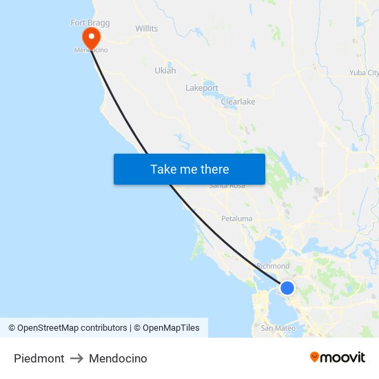 Piedmont to Mendocino map