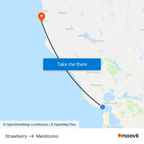 Strawberry to Mendocino map