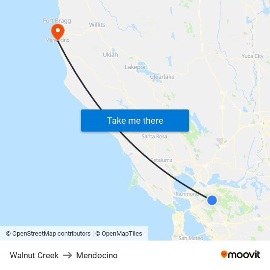 Walnut Creek to Mendocino map