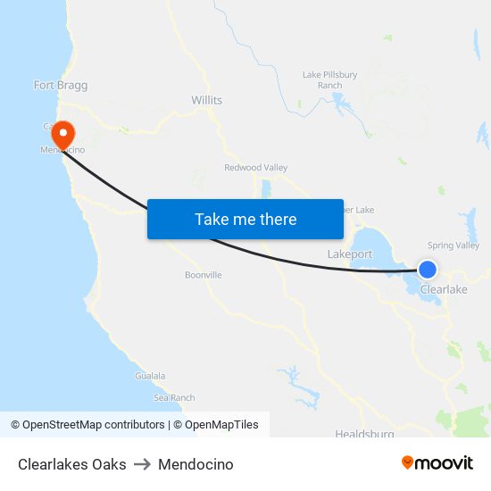Clearlakes Oaks to Mendocino map