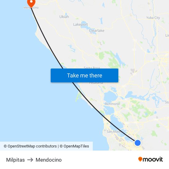 Milpitas to Mendocino map