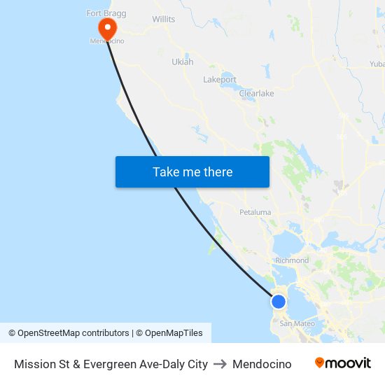 Mission St & Evergreen Ave-Daly City to Mendocino map