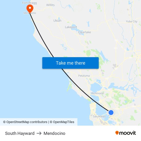 South Hayward to Mendocino map