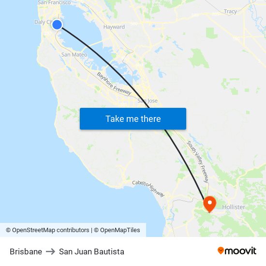 Brisbane to San Juan Bautista map