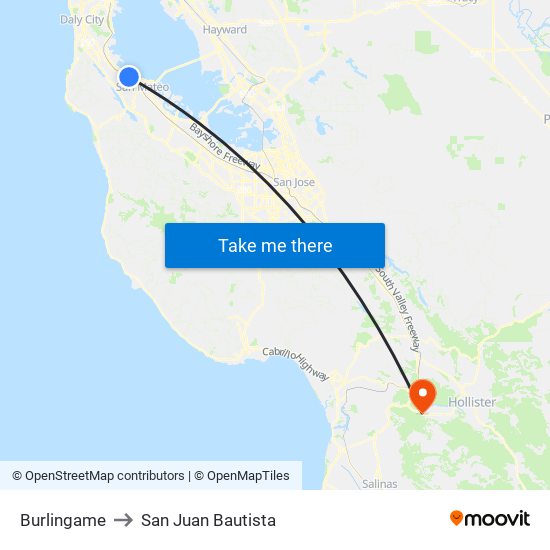 Burlingame to San Juan Bautista map