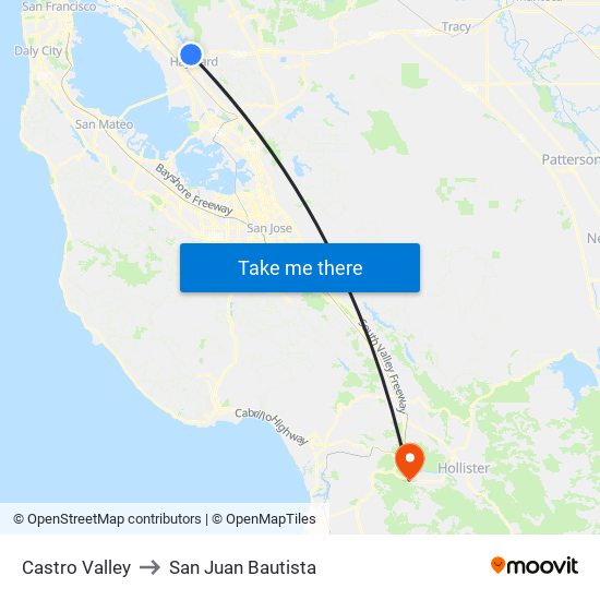 Castro Valley to San Juan Bautista map