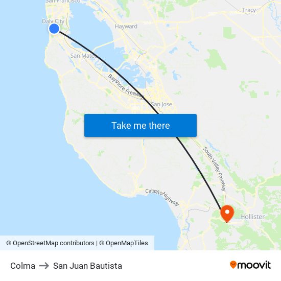 Colma to San Juan Bautista map