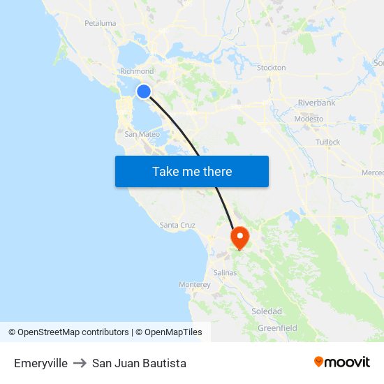 Emeryville to San Juan Bautista map