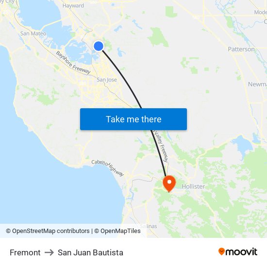 Fremont to San Juan Bautista map