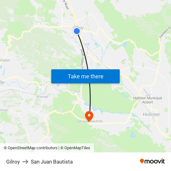Gilroy to San Juan Bautista map