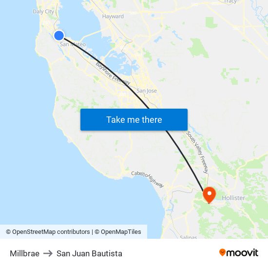 Millbrae to San Juan Bautista map