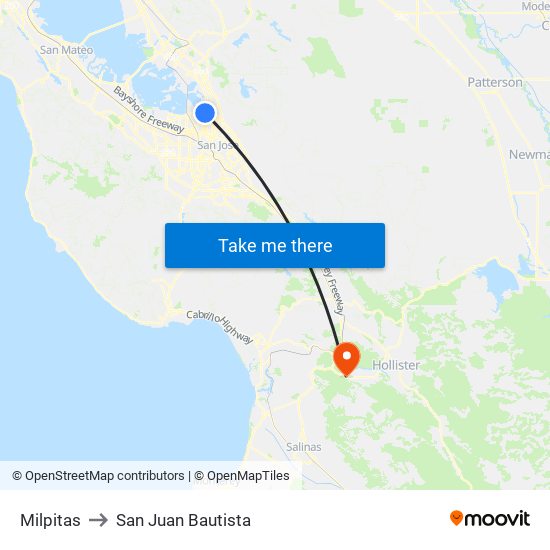 Milpitas to San Juan Bautista map