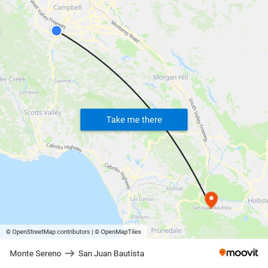 Monte Sereno to San Juan Bautista map