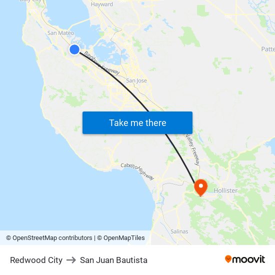 Redwood City to San Juan Bautista map