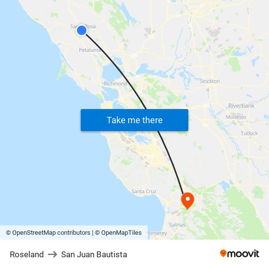 Roseland to San Juan Bautista map