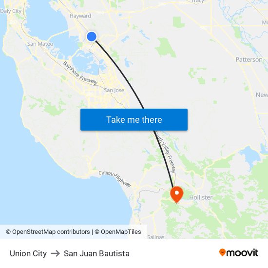 Union City to San Juan Bautista map