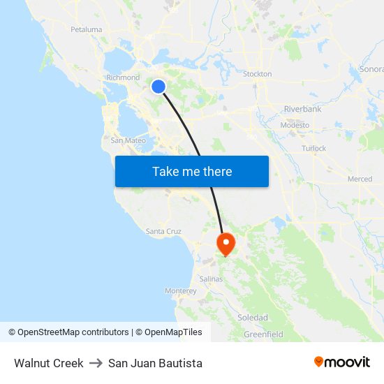 Walnut Creek to San Juan Bautista map