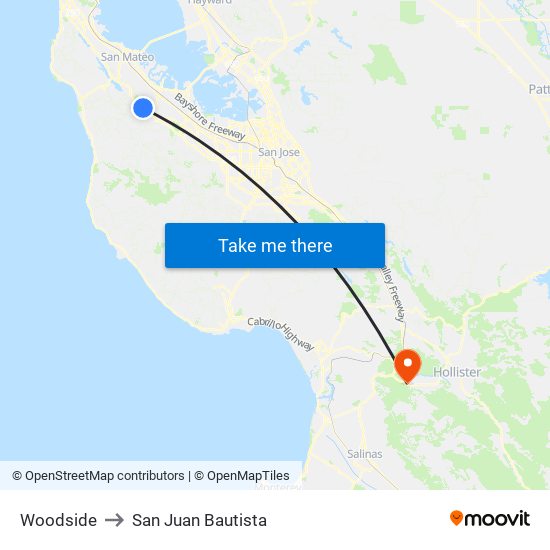 Woodside to San Juan Bautista map