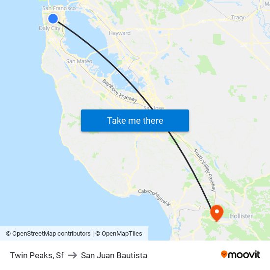 Twin Peaks, Sf to San Juan Bautista map